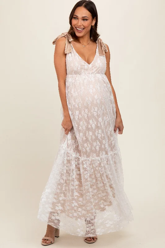 Midi dresses with bow accents for a sweet and charming lookBeige V-Neck Satin Tie Lace Overlay Maternity Maxi Dress