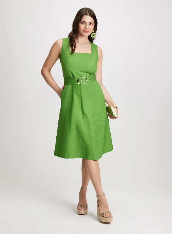 Midi dresses with ruffled bodices for a more pronounced feminine lookBelted Linen Dress