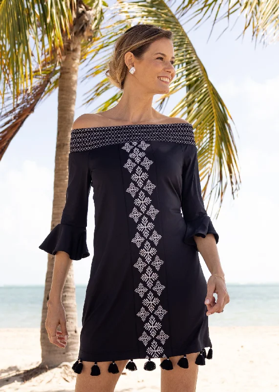A - line midi dresses with floral prints for spring brunchesBlack/Silver Metallic Off The Shoulder Dress A - line midi dresses with floral prints for spring brunchesBlack/Silver Metallic Off The Shoulder Dress