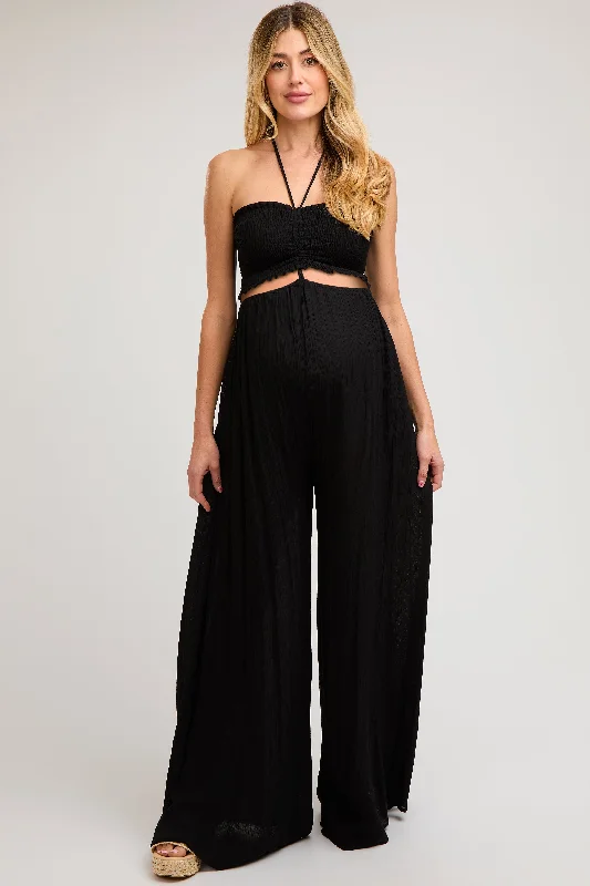 Midi dresses with satin - finish fabrics for a luxurious feelBlack Smocked Drawstring Halter Side Cutout Maternity Jumpsuit Midi dresses with satin - finish fabrics for a luxurious feelBlack Smocked Drawstring Halter Side Cutout Maternity Jumpsuit