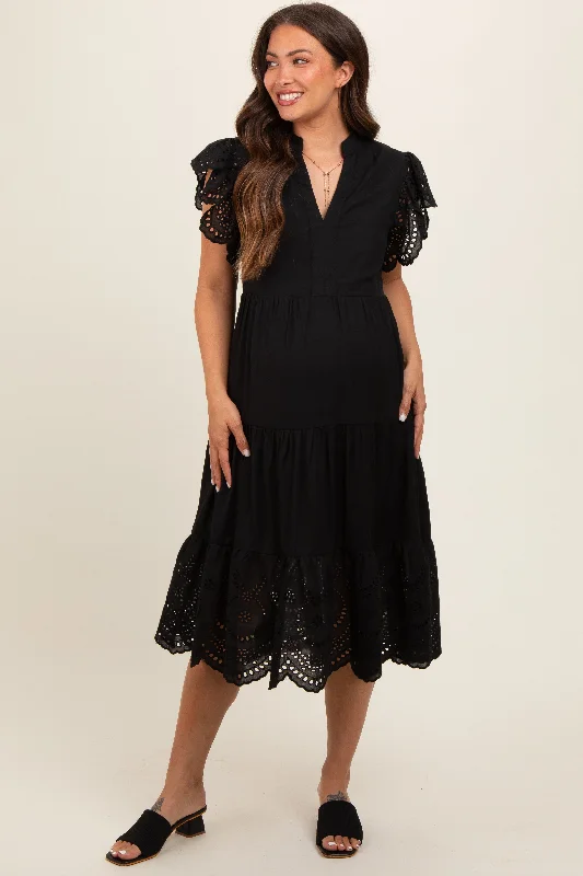 Midi dresses with embroidered accents for a unique and detailed designBlack V-Neck Eyelet Detail Ruffle Shoulder Tiered Maternity Midi Dress