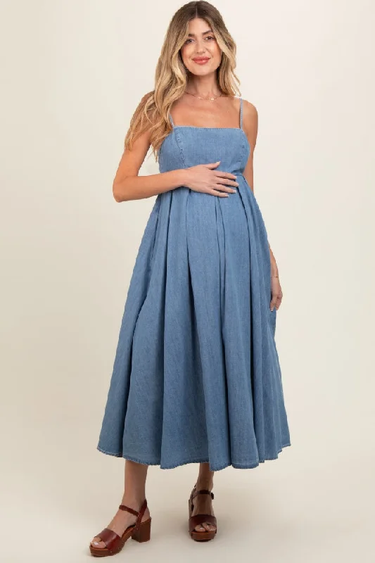 Midi dresses with one - shoulder designs for a modern and asymmetric styleBlue Back Tie Straight Neck Maternity Midi Maternity Dress Midi dresses with one - shoulder designs for a modern and asymmetric styleBlue Back Tie Straight Neck Maternity Midi Maternity Dress