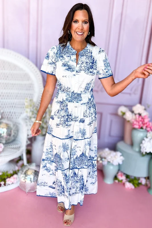 Midi dresses with belted waists to accentuate the figureBlue Print Balloon Short Sleeve Split Neck Smocked Waist Tiered Dress Midi dresses with belted waists to accentuate the figureBlue Print Balloon Short Sleeve Split Neck Smocked Waist Tiered Dress