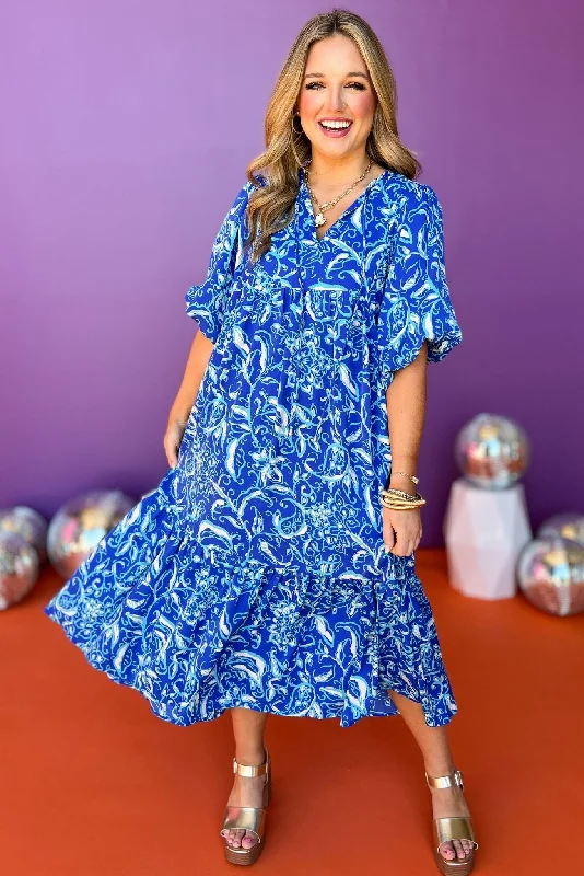 Midi dresses with ribbed textures for a unique and tactile appearanceBlue Print Self-Tie Front Detail Elastic Short Sleeve Midi Dress Midi dresses with ribbed textures for a unique and tactile appearanceBlue Print Self-Tie Front Detail Elastic Short Sleeve Midi Dress