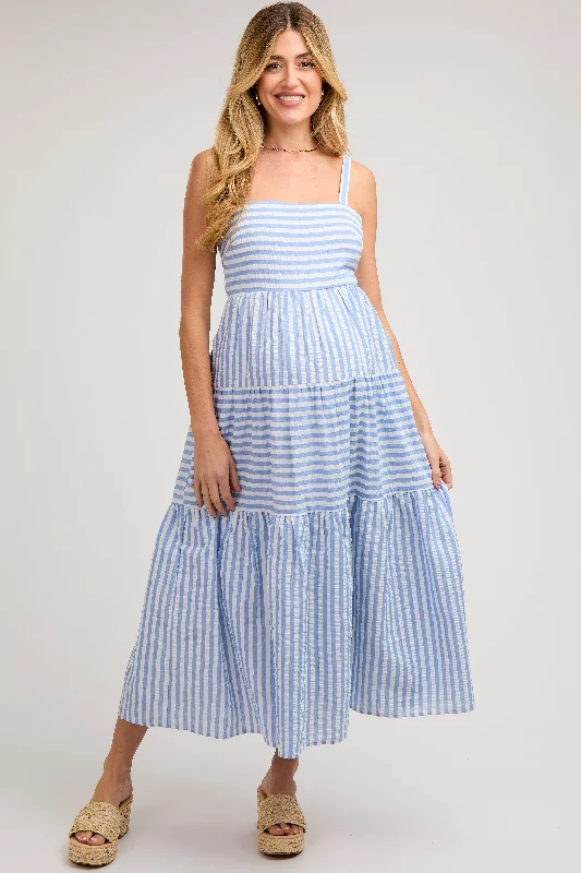 Midi dresses with polka dot prints for a playful summer outfitBlue Striped Sleeveless Tiered Maternity Maxi Dress