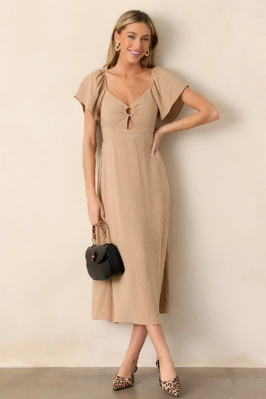 Midi dresses with gathered skirts for a full and flowing silhouetteBoho Beauty Tan Puff Sleeve Midi Dress