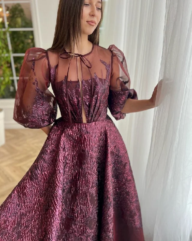 Midi dresses with ruffled bodices for a more pronounced feminine lookBordeaux Brocade Puff Sleeve Gown Midi dresses with ruffled bodices for a more pronounced feminine lookBordeaux Brocade Puff Sleeve Gown