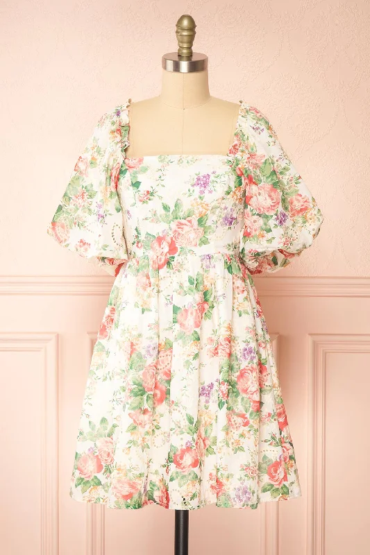 Midi dresses with one - shoulder designs for a modern and asymmetric styleBouqina | Short Floral Dress w/ Puffy Sleeves
