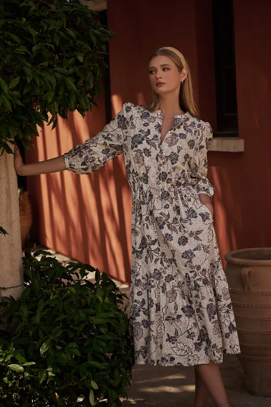 Maxi - inspired midi dresses with flowing fabrics for a beachy vibeBryony Floral Zinnia Split Neck Midi Dress Maxi - inspired midi dresses with flowing fabrics for a beachy vibeBryony Floral Zinnia Split Neck Midi Dress