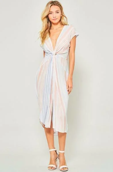 Midi dresses with puff sleeves for a vintage - inspired lookBy The Sea Blue Striped Knotted Midi Dress