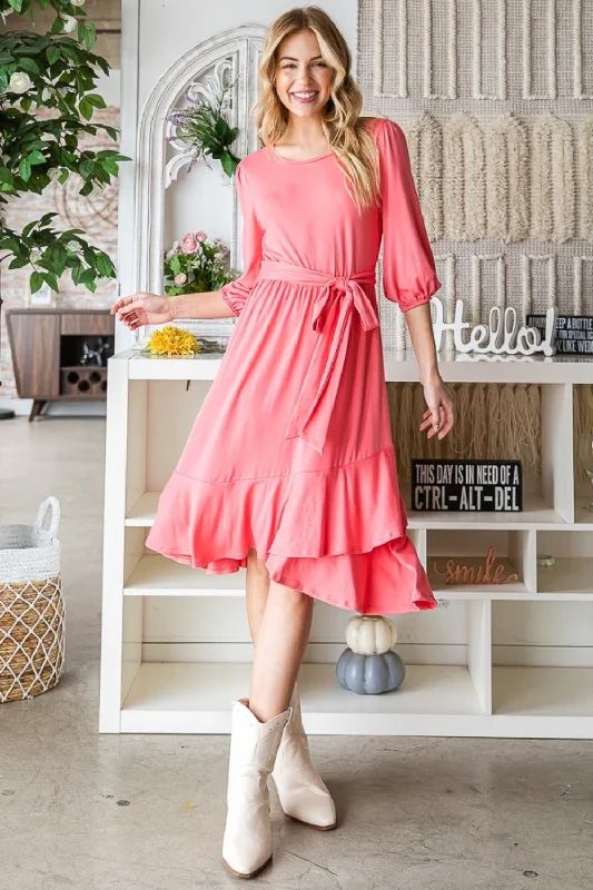 Midi dresses with lace - up fronts for a unique and adjustable styleCoral Tie Front Ruffle Hem Midi Dress