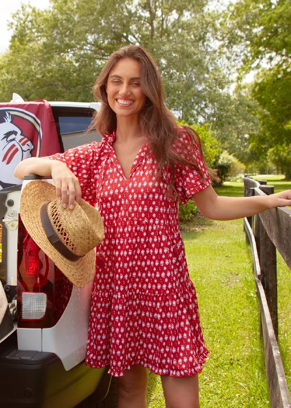 High - low midi dresses with geometric patterns for a modern partyCrimson Game Day Short Sleeve Tiered Dress