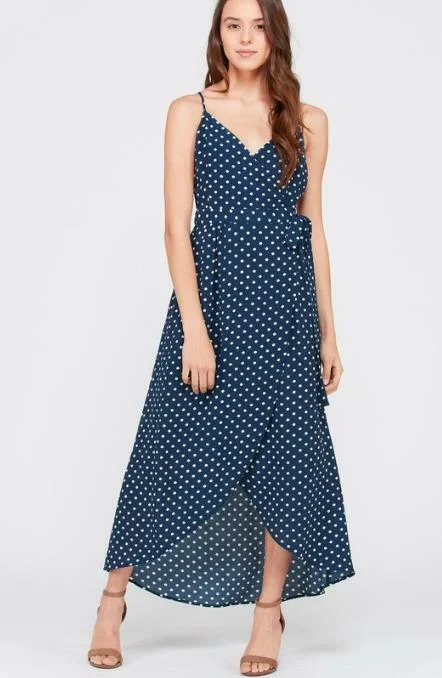 Midi dresses with empire waists for a flattering maternity optionDorothea Navy Blue Polka Dot Backless Maxi Dress