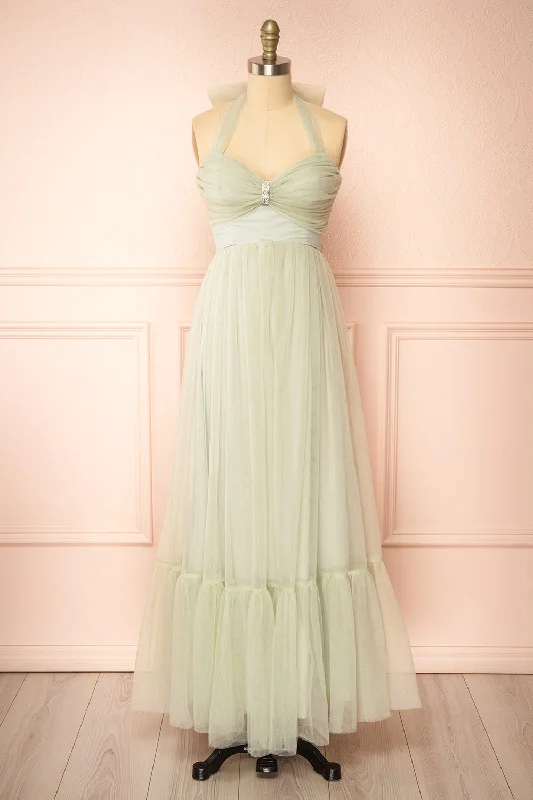 Maxi - inspired midi dresses with flowing fabrics for a beachy vibeEmberly | Sage Tulle Dress w/ Halter Neck Maxi - inspired midi dresses with flowing fabrics for a beachy vibeEmberly | Sage Tulle Dress w/ Halter Neck