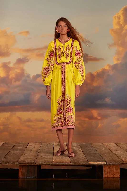 Midi dresses with gathered skirts for a full and flowing silhouetteYellow Embroidered Garden Tapestry Midi Dress