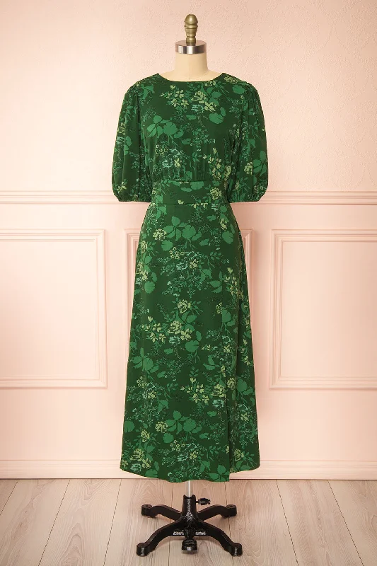 Midi dresses with lace - up fronts for a unique and adjustable styleEmirida | Long Dark Green Floral Dress Midi dresses with lace - up fronts for a unique and adjustable styleEmirida | Long Dark Green Floral Dress