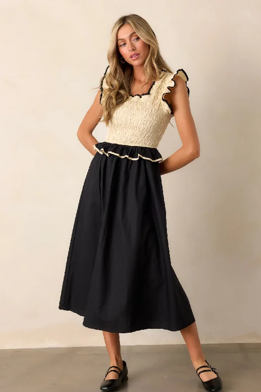 Midi dresses with pleated bodices for a classic and tailored lookEndless Love 100% Cotton Ivory & Black Smocked Midi Dress
