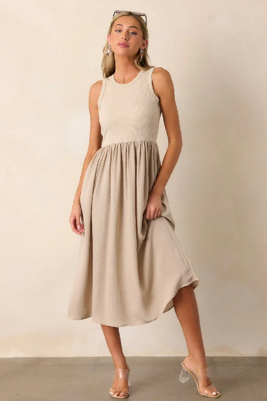 Midi dresses with printed lining for a hidden and stylish detailFind The Answer Tan Ribbed Midi Dress
