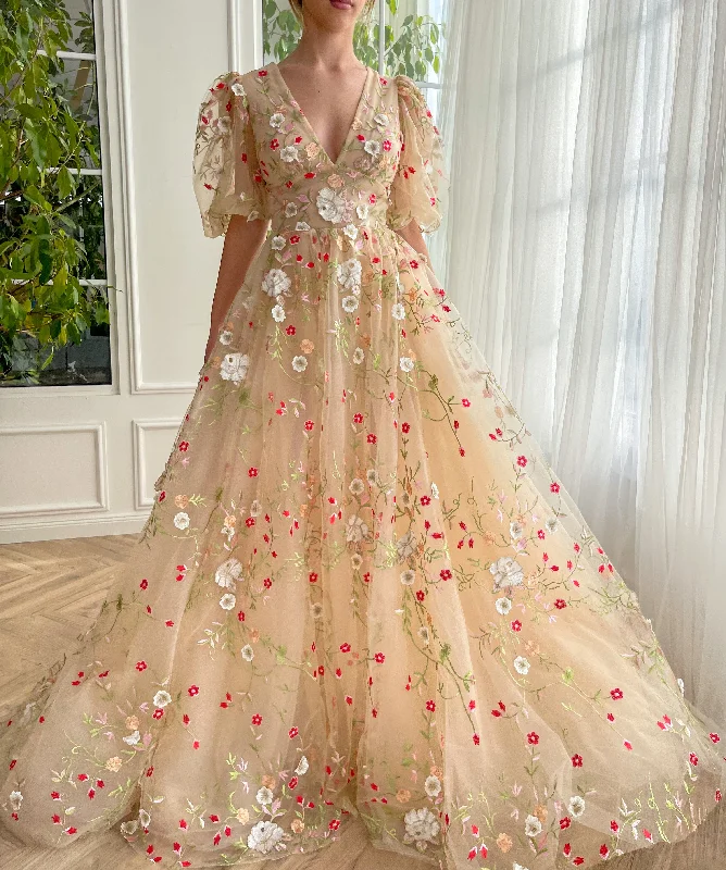 Midi dresses with V - necklines for a flattering and elongating effectFloral Lace Bliss Gown Midi dresses with V - necklines for a flattering and elongating effectFloral Lace Bliss Gown