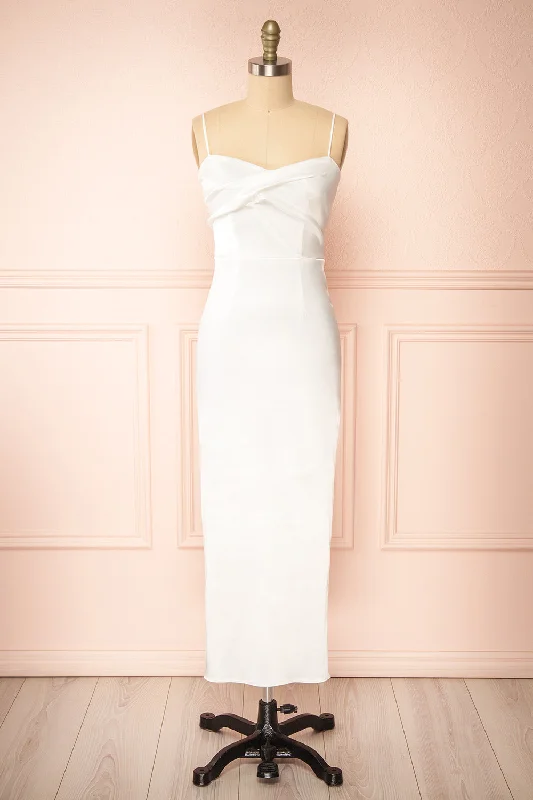 Sleeveless midi dresses with lace details for summer weddingsGalilea | White Satin Midi Dress w/ Twist Front Sleeveless midi dresses with lace details for summer weddingsGalilea | White Satin Midi Dress w/ Twist Front