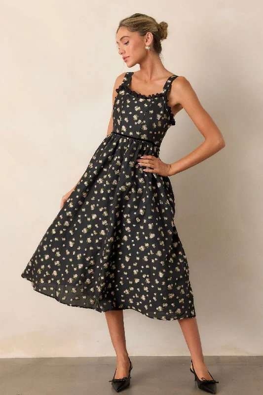 Midi dresses with embroidered accents for a unique and detailed designGoing Out Again Black Floral Midi Dress