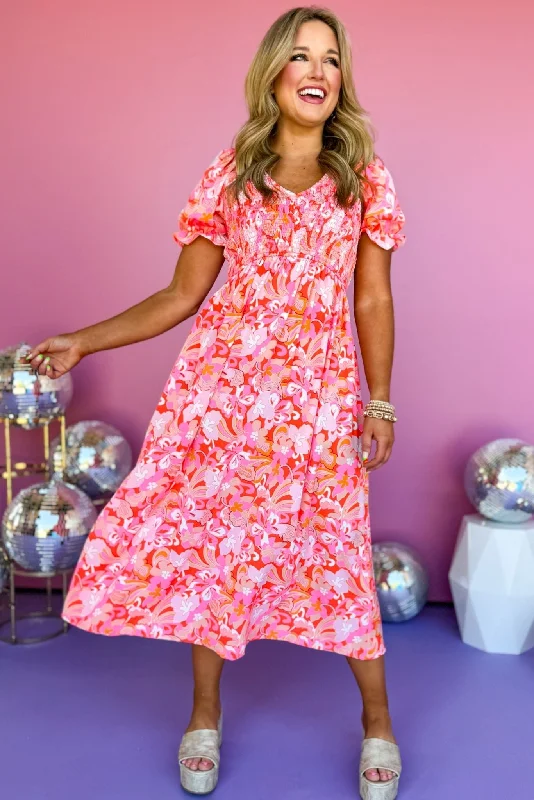 Midi dresses with ruffled bodices for a more pronounced feminine lookHot Pink Mix Deep V Neck Puff Sleeve Midi Dress Midi dresses with ruffled bodices for a more pronounced feminine lookHot Pink Mix Deep V Neck Puff Sleeve Midi Dress