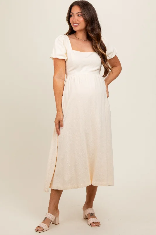 Midi dresses with animal prints for a bold and confident appearanceIvory Puff Sleeve Linen Maternity Midi Dress