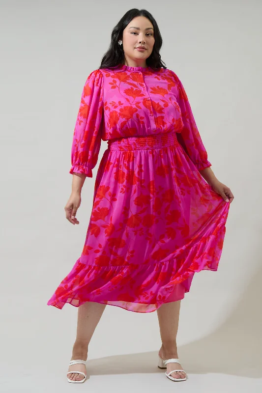 Midi dresses with asymmetric hems for a fashion - forward and dynamic appearanceKensie Floral Irene Smocked Midi Dress Curve