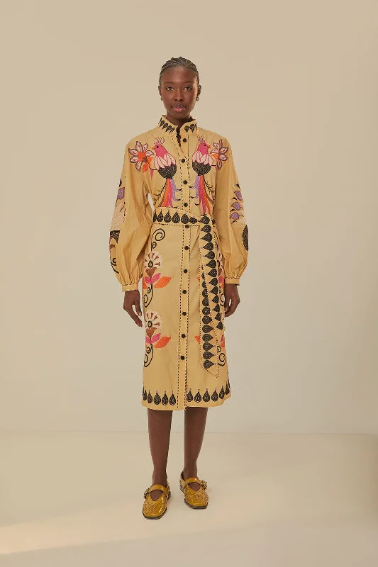 Midi dresses with sheer panels for a touch of allureKhaki Flower Bird Embroidered Midi Dress