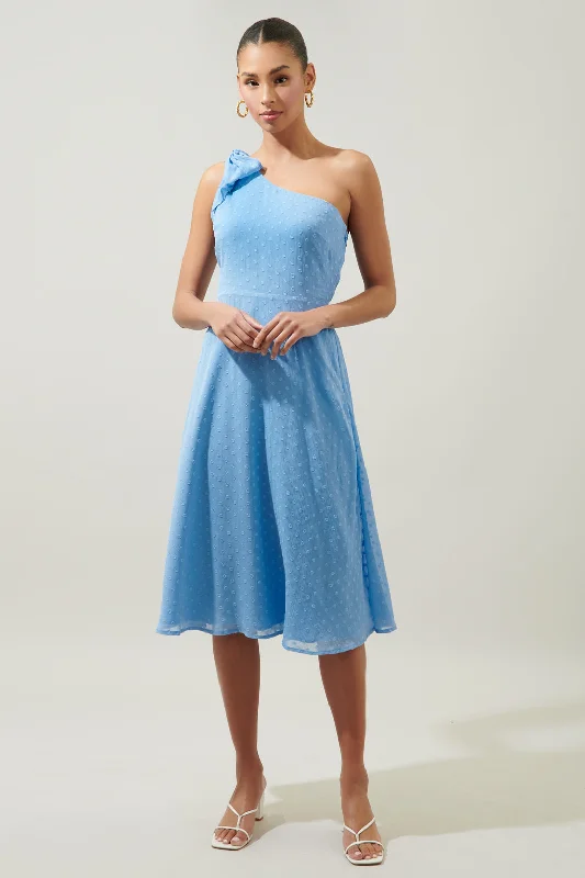 Midi dresses with belted waists to accentuate the figureKismet Chiffon Dot One Shoulder Midi Dress Midi dresses with belted waists to accentuate the figureKismet Chiffon Dot One Shoulder Midi Dress