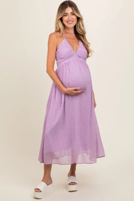 Midi dresses with printed lining for a hidden and stylish detailLavender Ruched V-Neck Maternity Midi Dress