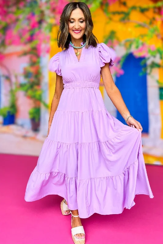 Midi dresses with pom - pom trims for a playful and festive lookLavender Split Neck Puff Short Sleeve Tiered Midi Dress Midi dresses with pom - pom trims for a playful and festive lookLavender Split Neck Puff Short Sleeve Tiered Midi Dress