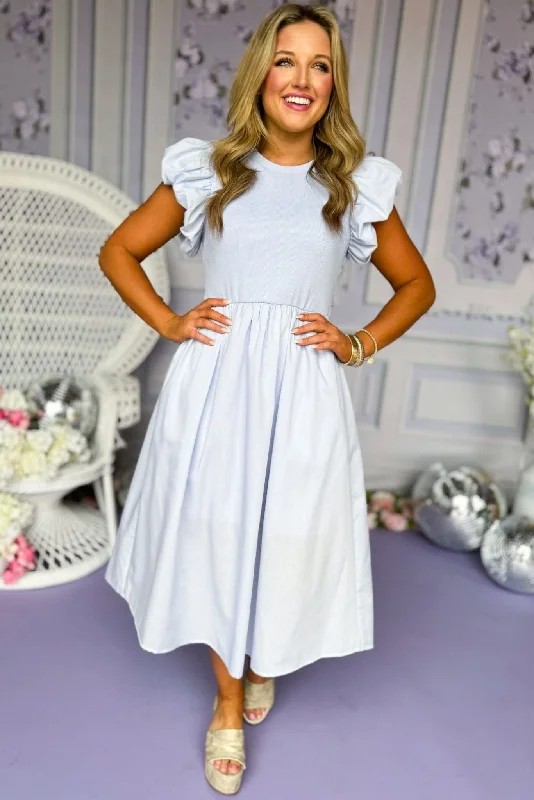 Midi dresses with pom - pom trims for a playful and festive lookLight Blue Dropped Waist Ruffle Shoulder Midi Dress Midi dresses with pom - pom trims for a playful and festive lookLight Blue Dropped Waist Ruffle Shoulder Midi Dress