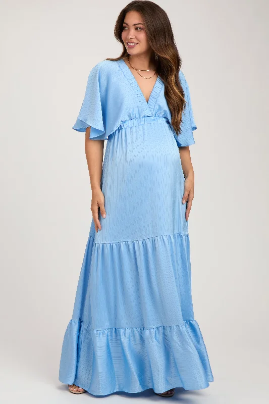 Midi dresses with metallic threads for a glamorous evening eventLight Blue V-Neck Flutter Sleeve Tiered Maternity Maxi Dress
