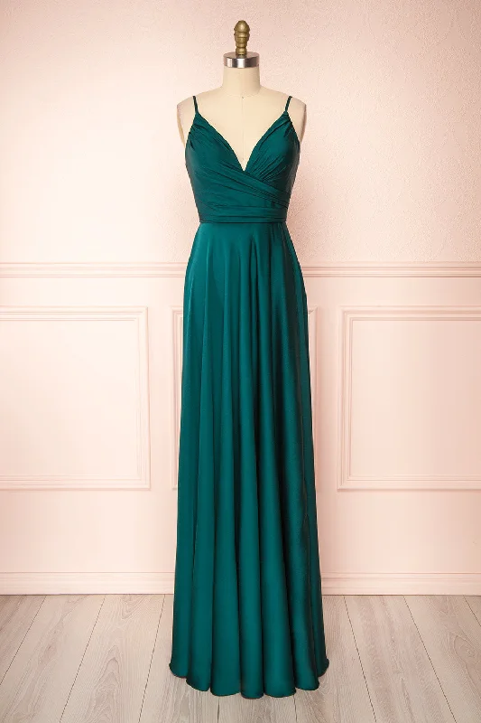 Midi dresses with cold - shoulder cutouts for a trendy styleLizza Green | Satin Maxi Dress w/ Slit