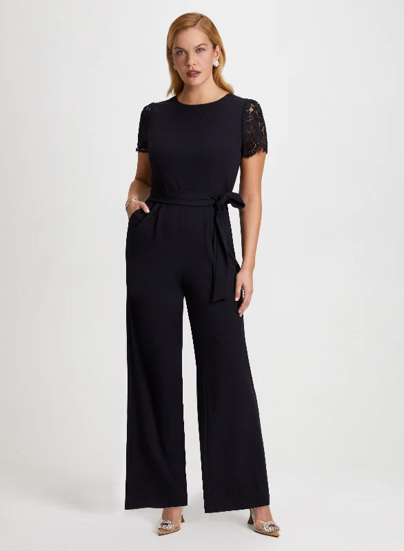 Midi dresses with denim fabric for a casual yet stylish day outLace Sleeve Belted Jumpsuit