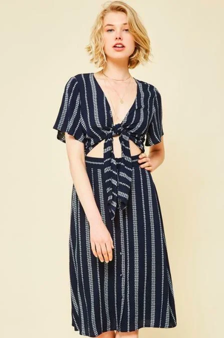 Midi dresses with ruched sleeves for a more fitted and stylish arm lookMaddy Navy Striped Print Tie-Front Cutout Dress