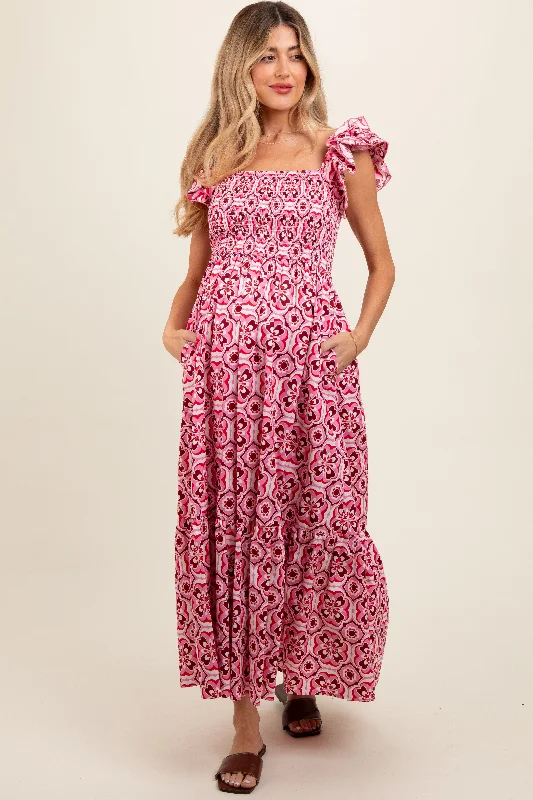 Midi dresses with side slits for a sexy and elegant appearanceMagenta Floral Smocked Flutter Cap Sleeve Maternity Maxi Dress