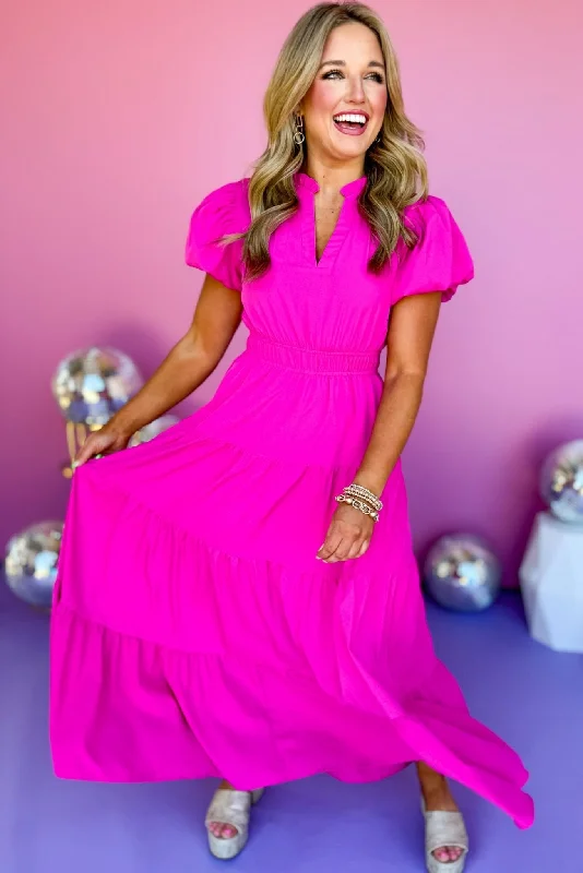 Midi dresses with ruffled bodices for a more pronounced feminine lookMagenta Split Neck Puff Short Sleeve Tiered Midi Dress Midi dresses with ruffled bodices for a more pronounced feminine lookMagenta Split Neck Puff Short Sleeve Tiered Midi Dress