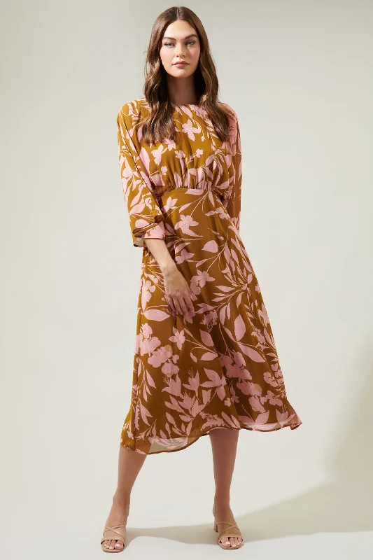 Midi dresses with asymmetric hems for a fashion - forward and dynamic appearanceMagnolia Floral Kimono Sleeve Drapery Midi Dress