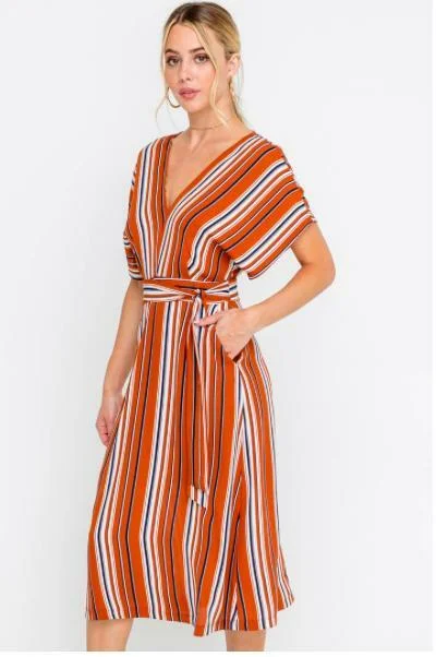 Midi dresses with fringe details for a fun and energetic styleMarcella Rust Striped Dolman Sleeve Midi Dress
