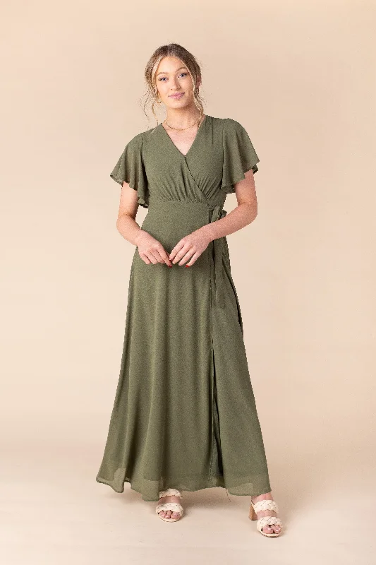 Midi dresses with asymmetric hems for a fashion - forward and dynamic appearanceNaples Flutter Sleeve Wrap Maxi - Moss Midi dresses with asymmetric hems for a fashion - forward and dynamic appearanceNaples Flutter Sleeve Wrap Maxi - Moss