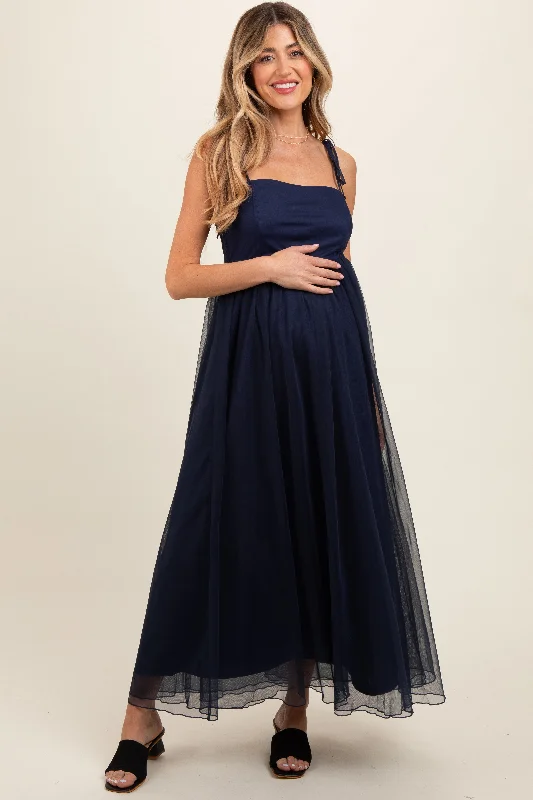 A - line midi dresses with floral prints for spring brunchesNavy Blue Square Neck Shoulder Tie Tulle Maternity Maxi Dress