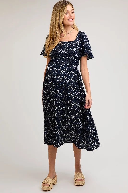 Plaid midi dresses for a fall - themed family gatheringNavy Floral Square Neck Smocked Maternity Midi Dress Plaid midi dresses for a fall - themed family gatheringNavy Floral Square Neck Smocked Maternity Midi Dress