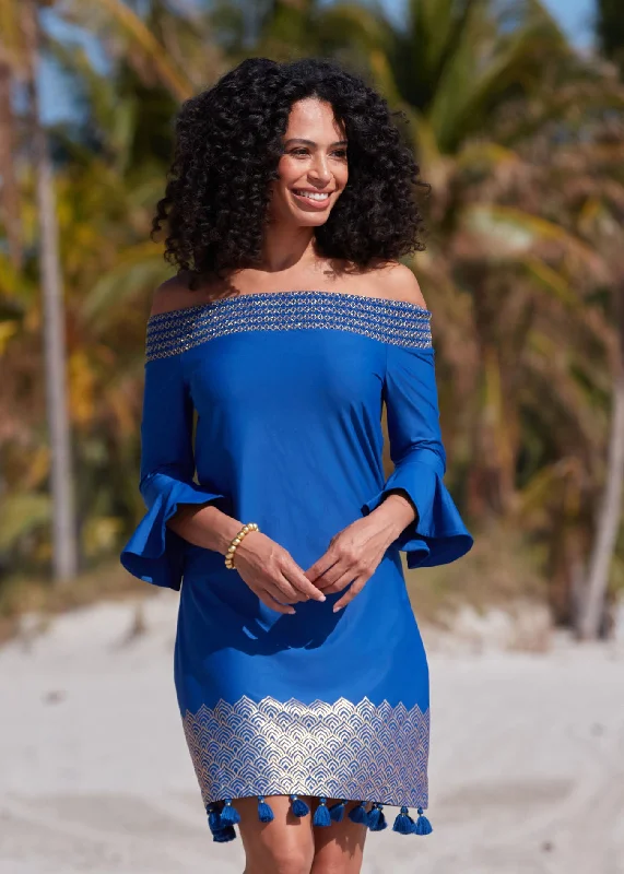 Midi dresses with cotton - blend materials for everyday comfortNavy Metallic Off The Shoulder Dress Midi dresses with cotton - blend materials for everyday comfortNavy Metallic Off The Shoulder Dress