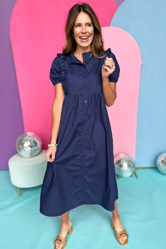 Midi dresses with keyhole backs for a flirty and unexpected detailNavy Poplin Button Up Ruffle Puff Sleeve Dress Midi dresses with keyhole backs for a flirty and unexpected detailNavy Poplin Button Up Ruffle Puff Sleeve Dress