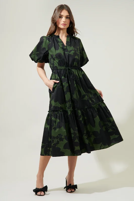 Midi dresses with ribbed textures for a unique and tactile appearanceNight Moss Ginny Bubble Sleeve Midi Dress