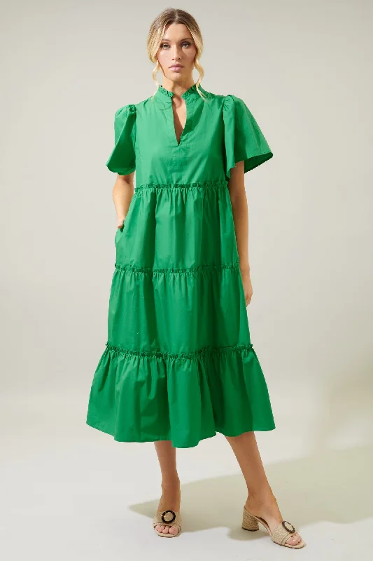 Wrap - style midi dresses in silk for a sophisticated office lookNoelle Split Neck Poplin Tiered Midi Dress