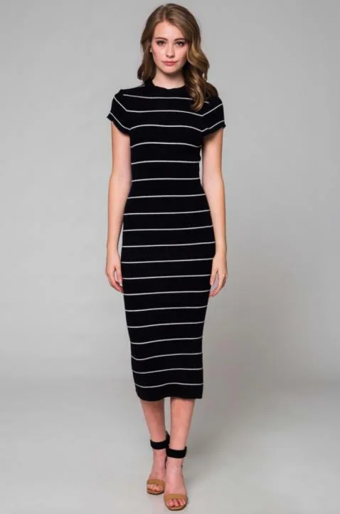 Midi dresses with asymmetric hems for a fashion - forward and dynamic appearanceObvious Fondness Black & White Striped Midi Sweater Dress