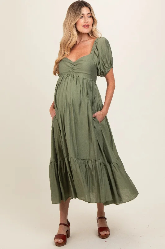 Midi dresses with ruched sleeves for a more fitted and stylish arm lookOlive Ruched Sweetheart Neck Tiered Maternity Midi Dress Midi dresses with ruched sleeves for a more fitted and stylish arm lookOlive Ruched Sweetheart Neck Tiered Maternity Midi Dress